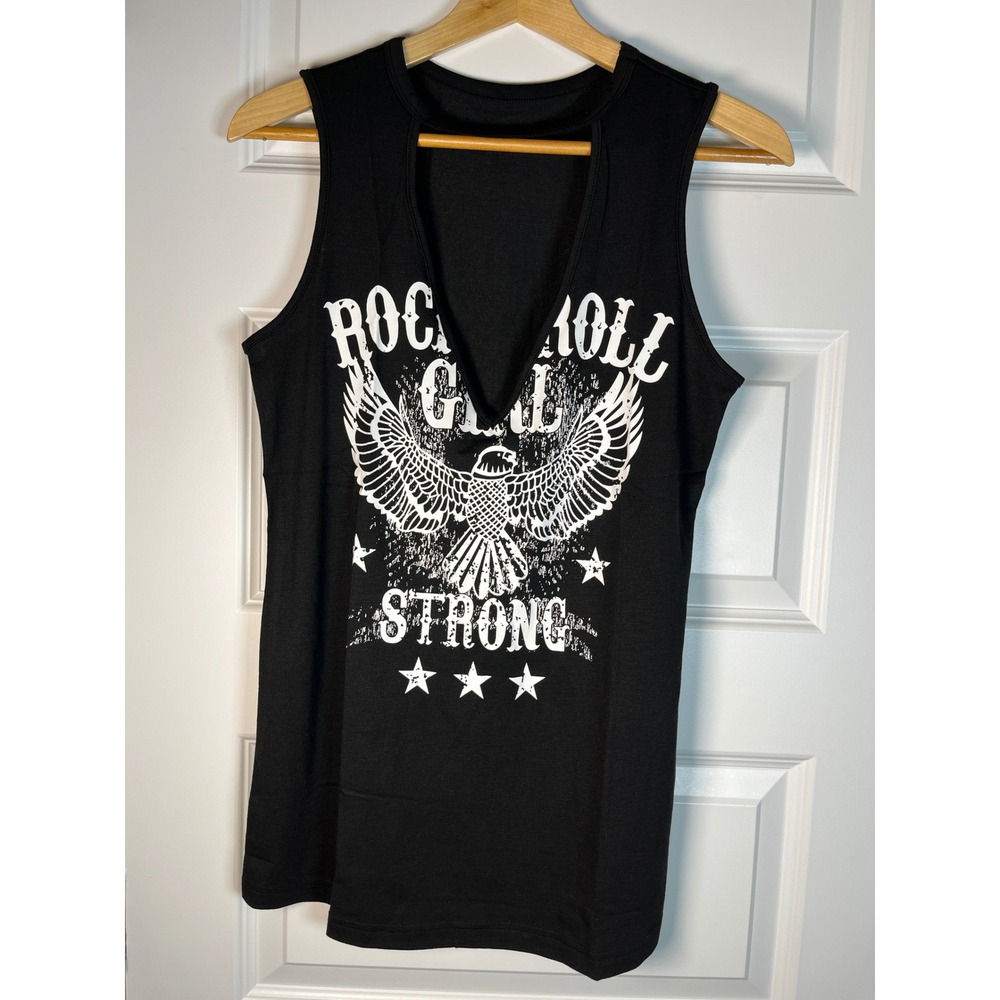 Rock Roll Girl Strong Graphic Tank Top Black Deep V-Neck Choker XS